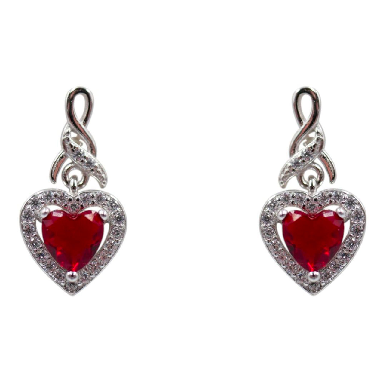 Silver Clear & Garnet CZ Heart Drop Earrings