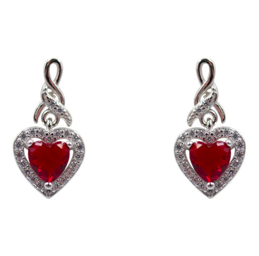 Silver Clear & Garnet CZ Heart Drop Earrings