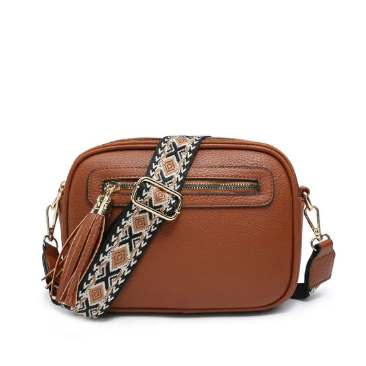 Cross Body Handbag with Double Zip Top Sections